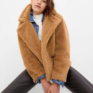 GAP Sherpa Moto Jacket Holiday Brown XS Teddy Coat Fuzzy Furry Cozy Camel #A1125